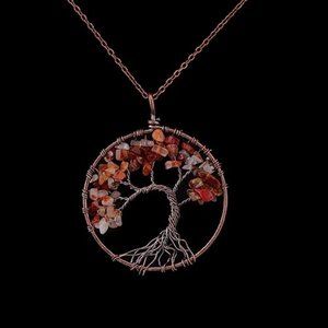 NWOT Tree of Life Necklace red agate wire 2 chains gold-tone copper-tone Pendant